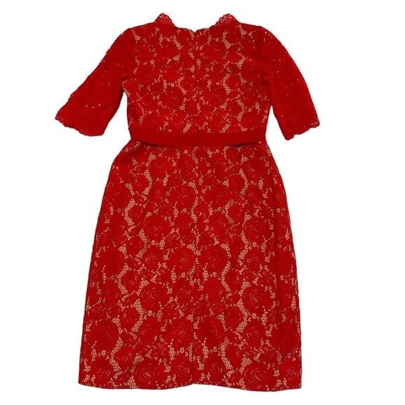 Theia Red Lace Midi Shift Dress US 10 Red Nude Sleeves Belted - Picture 2 of 7